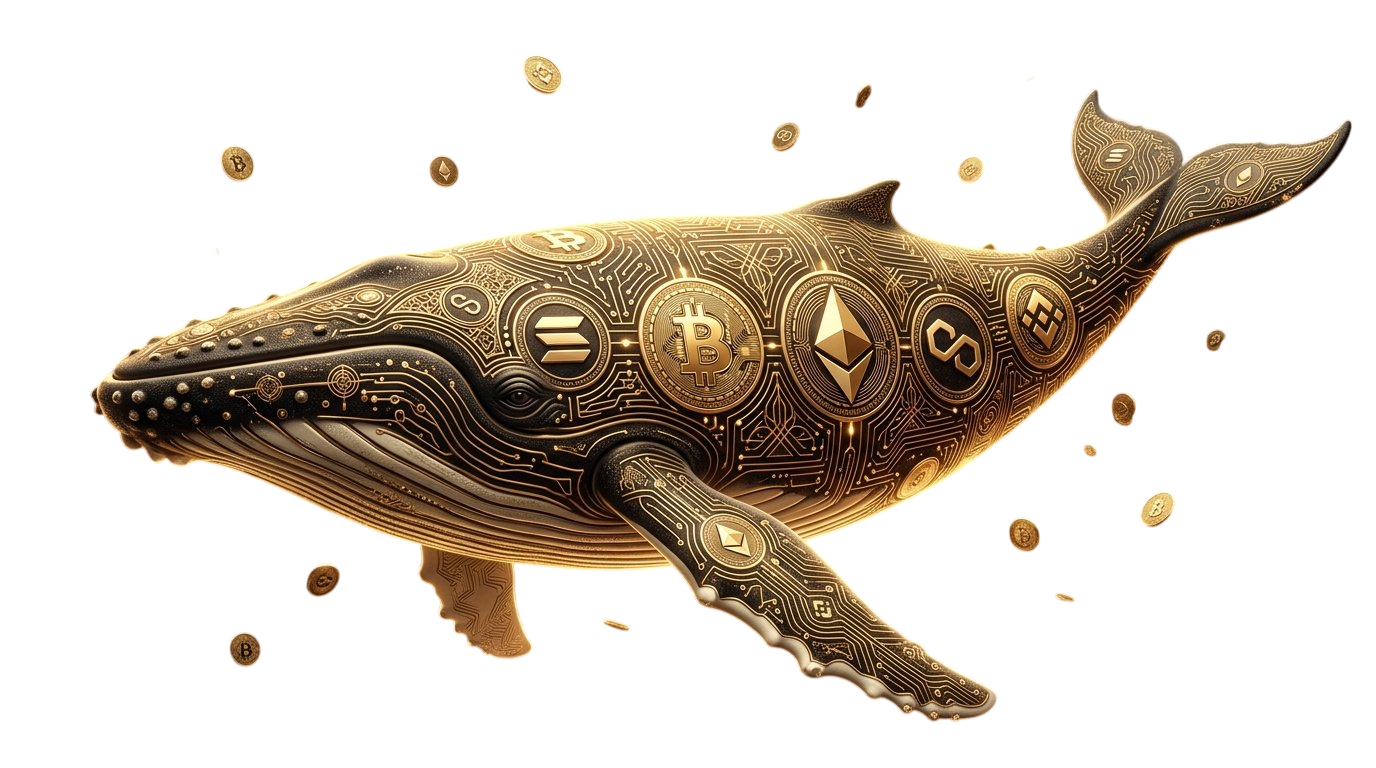 Golden crypto whale with Bitcoin, Ethereum, Solana, Polygon and BNB logos